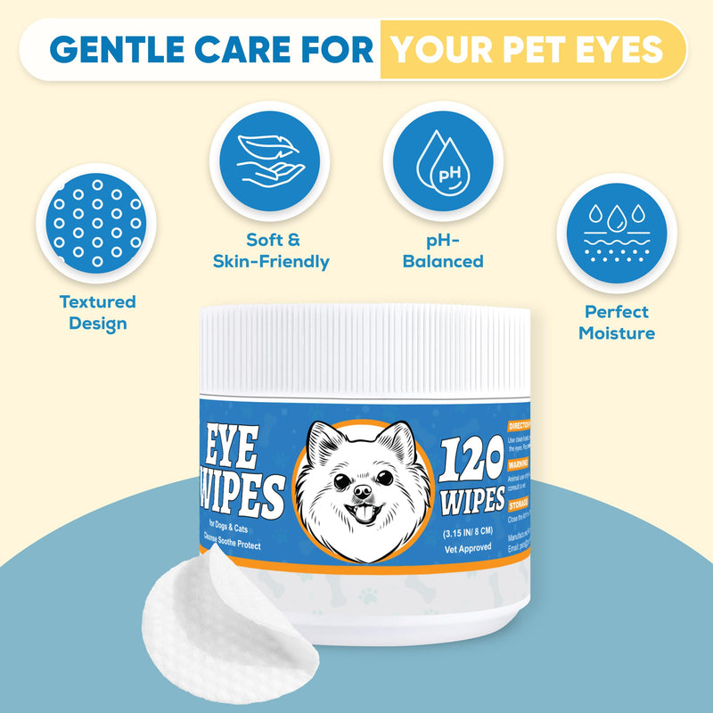 Pet Eye Wipes for Dogs & Cats – Extra-Large Textured Pads Remove Discharge, Crust & Tear Stains – Hypoallergenic Cleaner for Eyes, Wrinkles & Face – Soothing Witch Hazel & Chamomile Formula – 120ct Dog Eye Wipes(120Ct,Pack of 1)