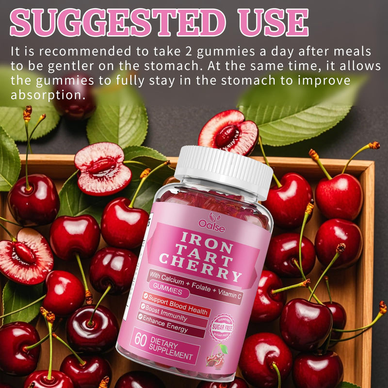 2 Pack Iron Gummies, Tart Cherry Iron Supplement for Women & Men | Iron with Vitamin C, Calcium, Zinc, Folate, B12 for Immune Support, Sugar Free, Vegan 120 Count (Pack of 1)