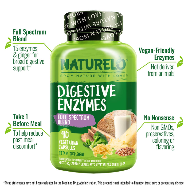 NATURELO Digestive Enzymes with Ginger, 90 Vegan Capsules | Full Spectrum Support, Broad Blend of 15 Digestive Enzymes for Men and Women Unflavored 90 Count (Pack of 1)