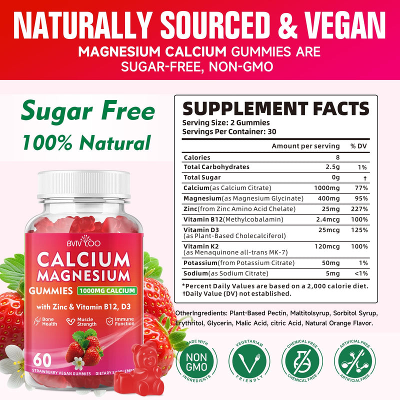 Calcium Gummies 1000mg with Vitamin D3 K2 & B Complex, Potassium, Calcium Magnesium Zinc Gummies for Bone, Muscle, Mood and Immunity - Vegan, Non-GMO, Strawberry Flavor 120 Count 2 Pack (120 Count)