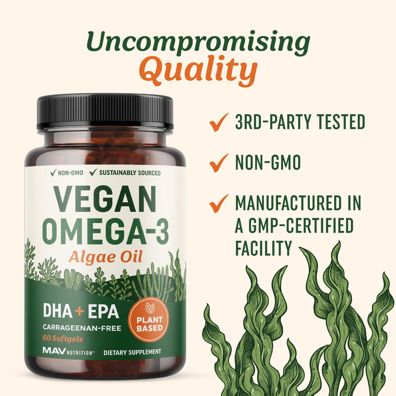 Vegan Omega 3 Algae Oil | Plant Based DHA EPA | Sustainably Sourced, No Carrageenan, Non GMO | Heart, Brain, and Eye Health | Fish Oil Alternative | Algae Omega 3 Supplement | 60 Softgel Capsules 60 Capsules - BeesActive Australia