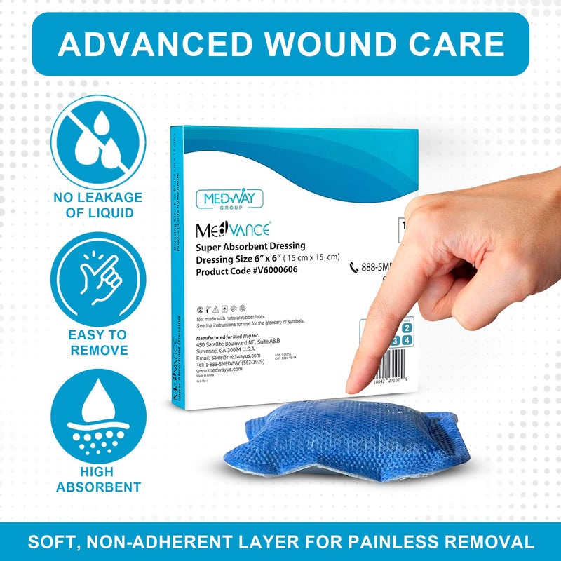 MedVance Super Absorbent Dressing, Non-Adhesive Pads for Wound Care, for Pressure Ulcers & 1st/2nd Degree Burns, Superior Moisture Absorption, Box of 10 dressings (6"x6" Bandage, 5"x5" Pad) 6"x6" 10 Pack