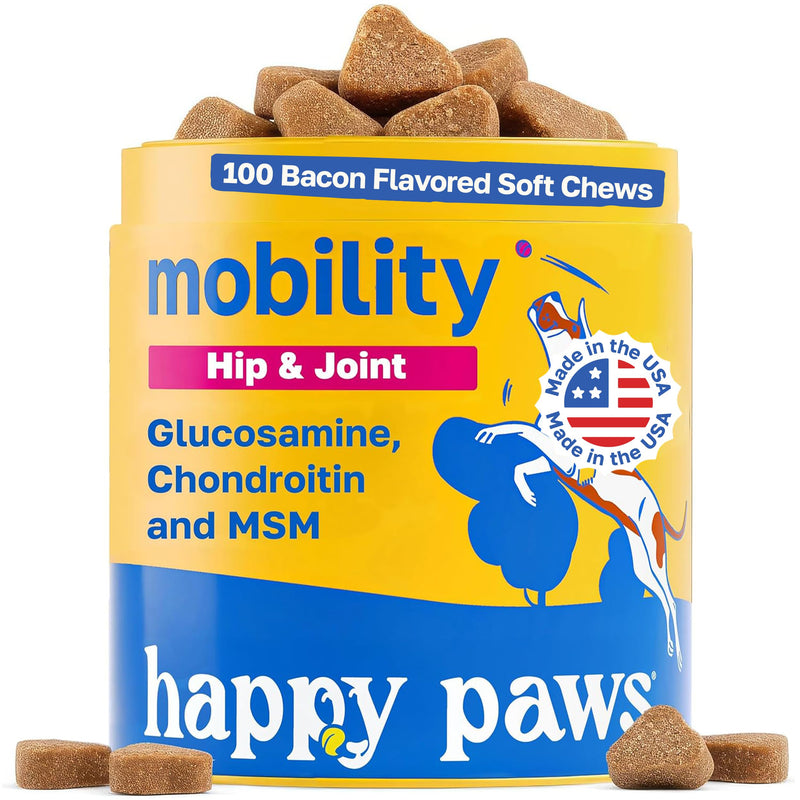 Happy Paws Hip and Joint Supplement for Dogs, Glucosamine Chondroitin for Dogs of All Breeds, Joint Support Soft Chews with Hyaluronic Acid & Turmeric, Vegan Bacon Flavor, Non GMO, 100 Soft Chews 100 Units