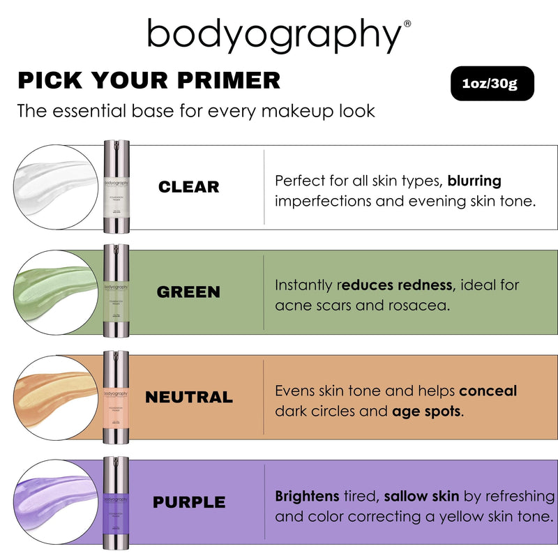 BODYOGRAPHY Foundation Primer (Green) | Flawless Anti-Aging Makeup Base with Vitamin E, A, Jojoba & Grapeseed Oil | Shine Control, Smooth Finish | Salon-Quality, Gluten-Free, Cruelty-Free | 1 oz Green