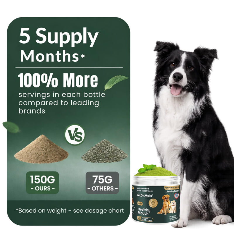 Dog Teeth Cleaning Powder for Dogs & Cats, Dental Powder for Plaque & Tartar Control, Fresh Breath Oral Care, No Brushing Needed, 150g