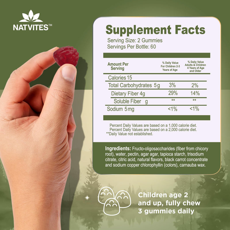 Prebiotic Kids Fiber Gummies, for Children Ages 2 & Up - Sugar Free Vegetarian Gelatin Free Non-GMO, Kids Fiber Supplements for Digestive Health (120 Count)