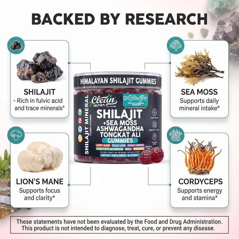 Alpha Glow Shilajit Gummies with Irish Sea Moss Tongkat Ali Ashwagandha Lion's Mane MACA Panax Ginseng Rhodiola & Cordyceps By Clean Nutra (1) 1