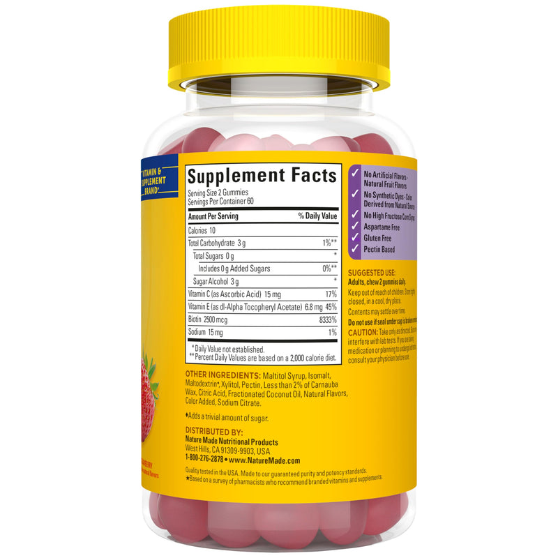 Nature Made Zero Sugar Hair Skin Nails Gummies, 120 Sugar Free Gummies | Biotin 2500 mcg per Serving, Support Healthy Hair, Skin and Nails, Strawberry Flavor, 60 Day Supply 120 Count (Pack of 1)