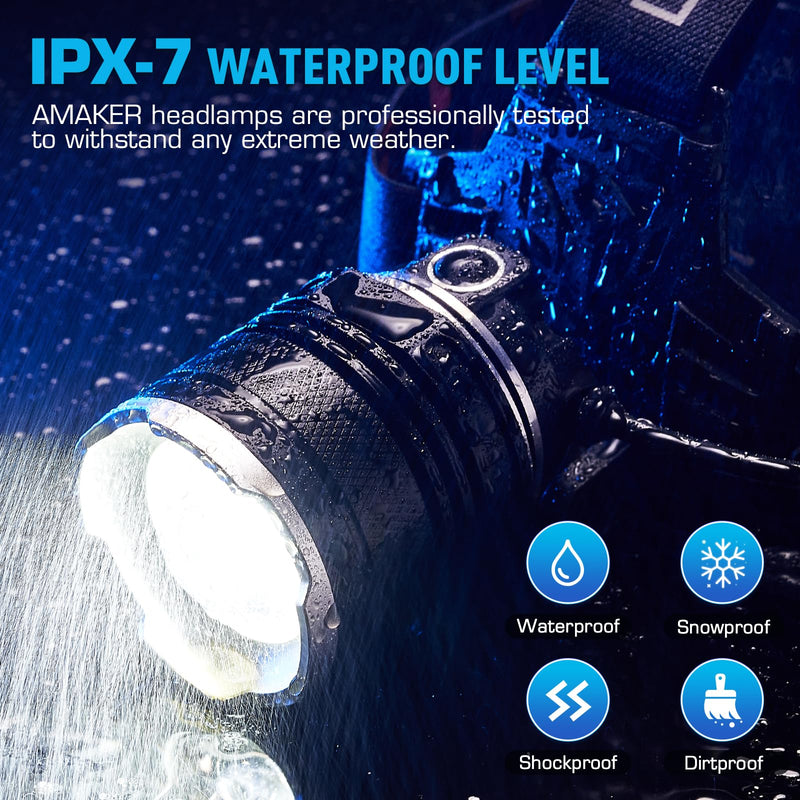 AMAKER LED Headlamp Rechargeable, 9000mAh Long Battery Head Lamp with 5 Modes, IPX7 Waterproof USB Rechargeable Headlight, Zoomable Headlamp for Adults, 90° Adjustable for Camping Hunting Climbing