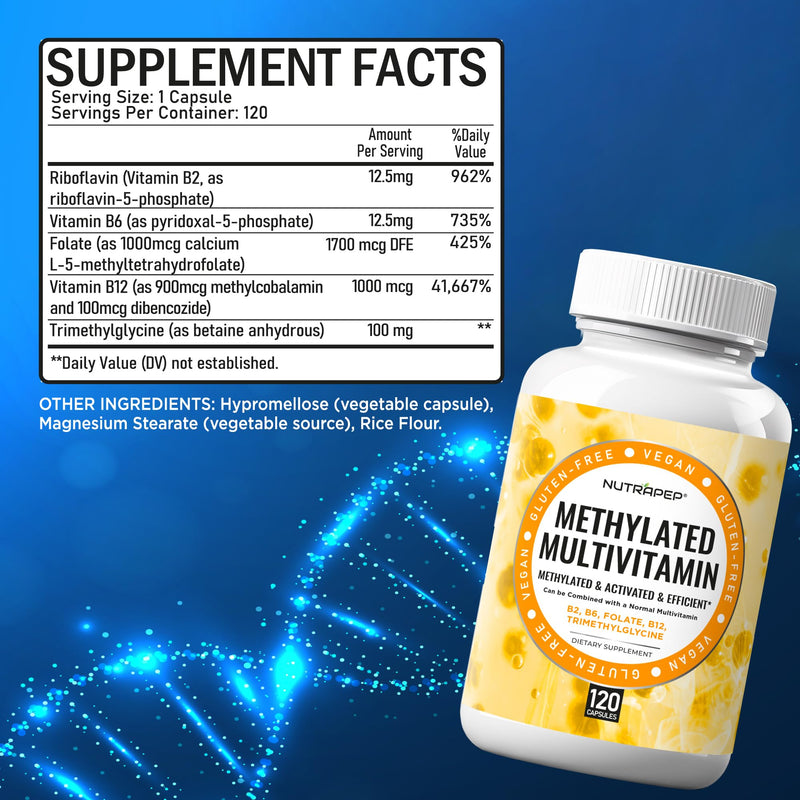 NutraPep Methylated Multivitamin for Men Women - 5-MTHF Riboflavin | Vitamin B2 B6 B12 B Complex Trimethylglycine Methyl Folate L Methylfolate Capsules Supplement