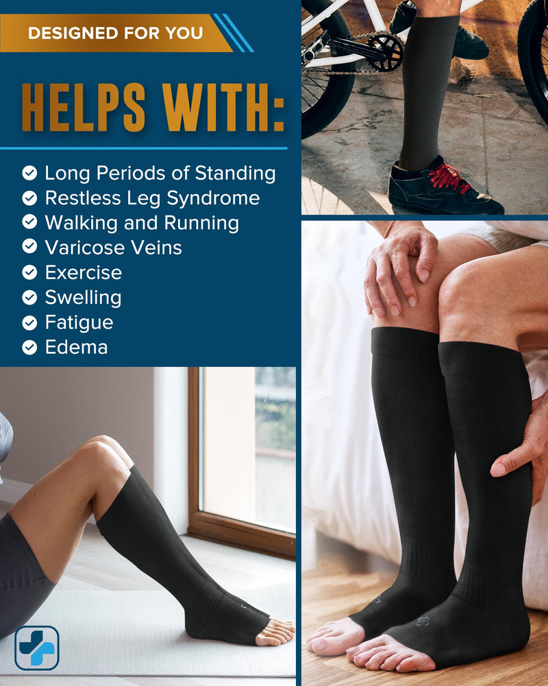 Doctor's Select 3 Pairs Copper Toeless Compression Socks Women & Men - 20-30 mmHg Open Toe Compression Socks Knee High Women Medium Black - 3 Pairs