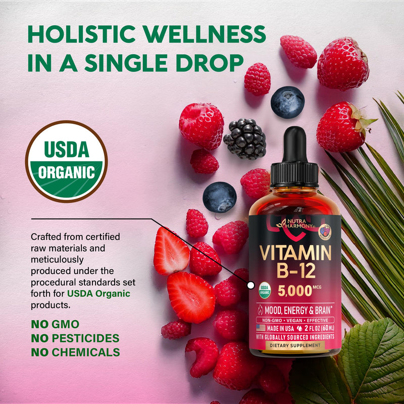 USDA Organic Vitamin B12 Sublingual Drops - Methylcobalamin 5000 mcg - 2 Oz | Vitamin B12 for Women & Men - Energy Boost, Focus & Brain Support - Bioavailable - Berry Flavor, Sugar-Free - 60-Day Supply Drops 2 fl oz