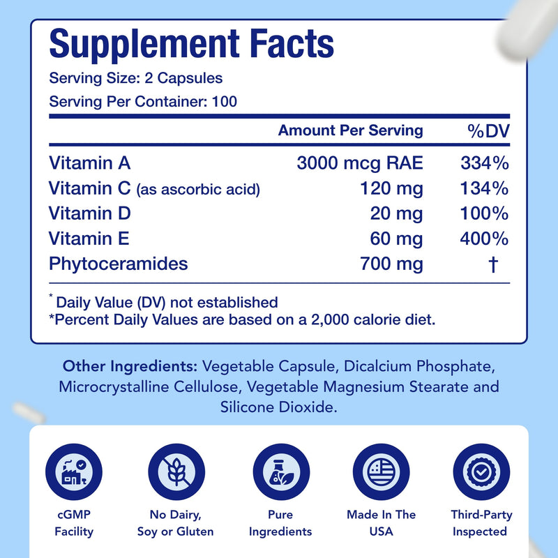 Extra Strength Phytoceramides Supplement 700mg | Wheat and Gluten Free Plant Based Ceramides Supplement with A C D E Skin Vitamins for Women | Hydrating Skin Care Capsules for Women (100 Day Supply)