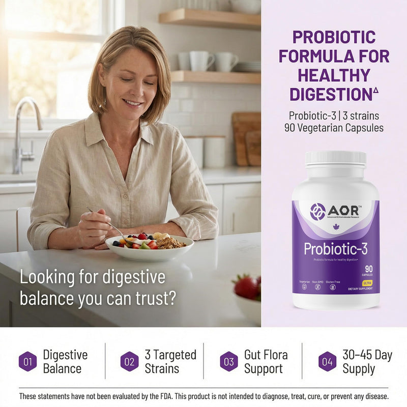 AOR Probiotic Capsules for Gut Health, Shelf Stable, 90 Capsules 30-45 Days | No Refrigeration for Travel, Three Strain Formula, Survives Digestion, Fewer Restocks