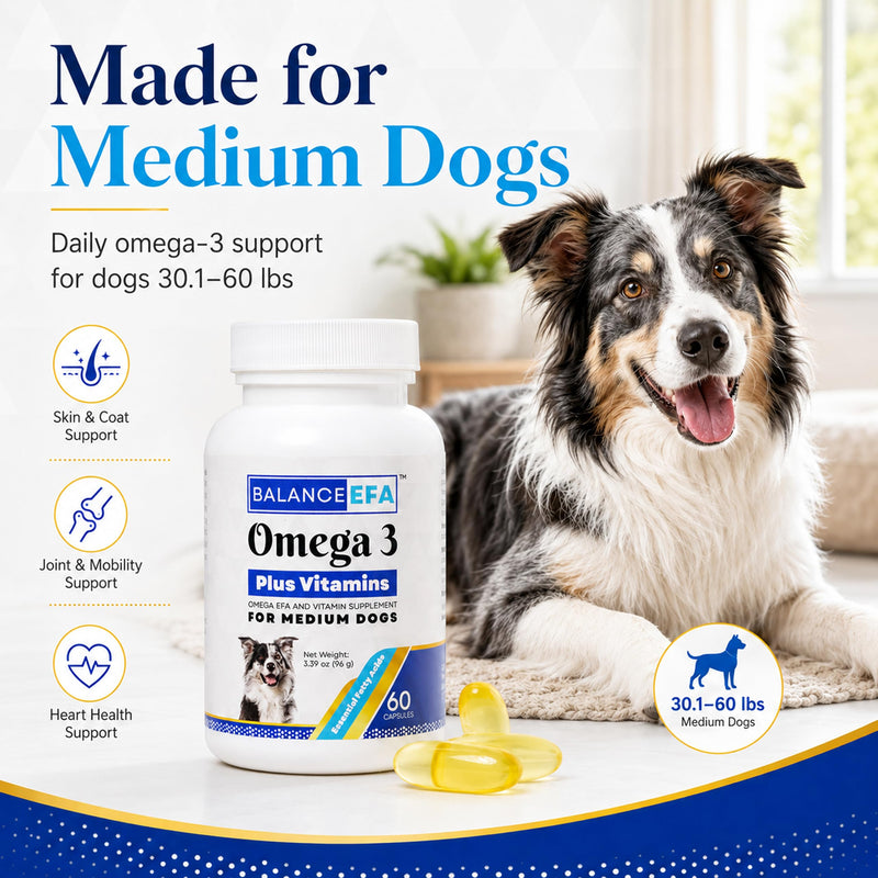 BalanceEFA Omega 3 Fish Oil for Dogs, Skin & Coat, Medium Breed 60 Ct | Fish Oil Capsules with EPA & DHA, Vitamins A, D3 & E, Supports Healthy Skin, Coat & Joints, Vet Formulated Medium - 60 count