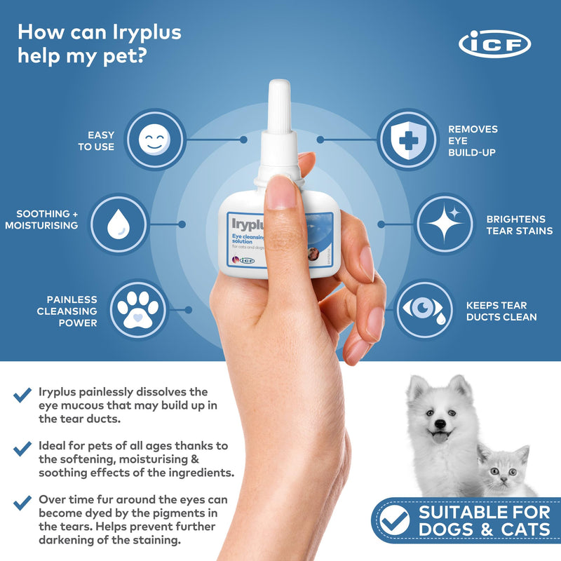 ICF | Iryplus Eye Solution for Dogs and Cats | Gentle Cleansing & Soothing Formula | Removes Secretions, Scabs & Mucus Around Eye | Chamomile | 50ml