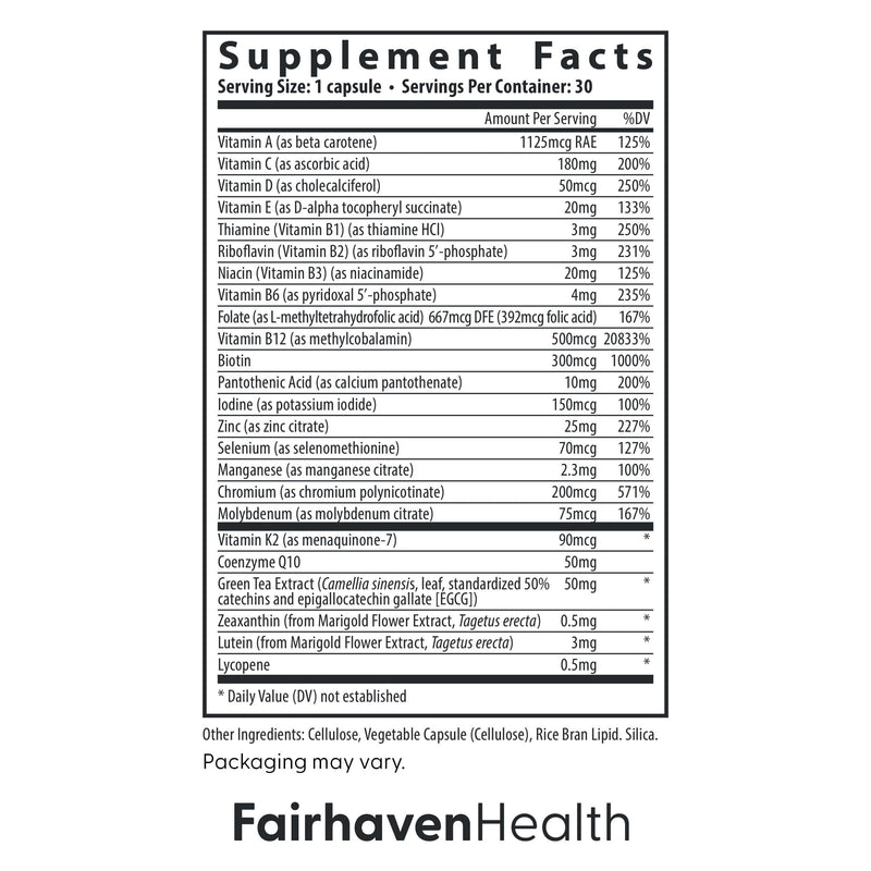 Fairhaven Health Womens Multivitamin Essentials | Once Daily Multivitamin for Women Support for Energy, Immune Health, Eye Health, Hormone Balance | Gluten, Dairy, Soy Free | Vegan | 30 Capsules