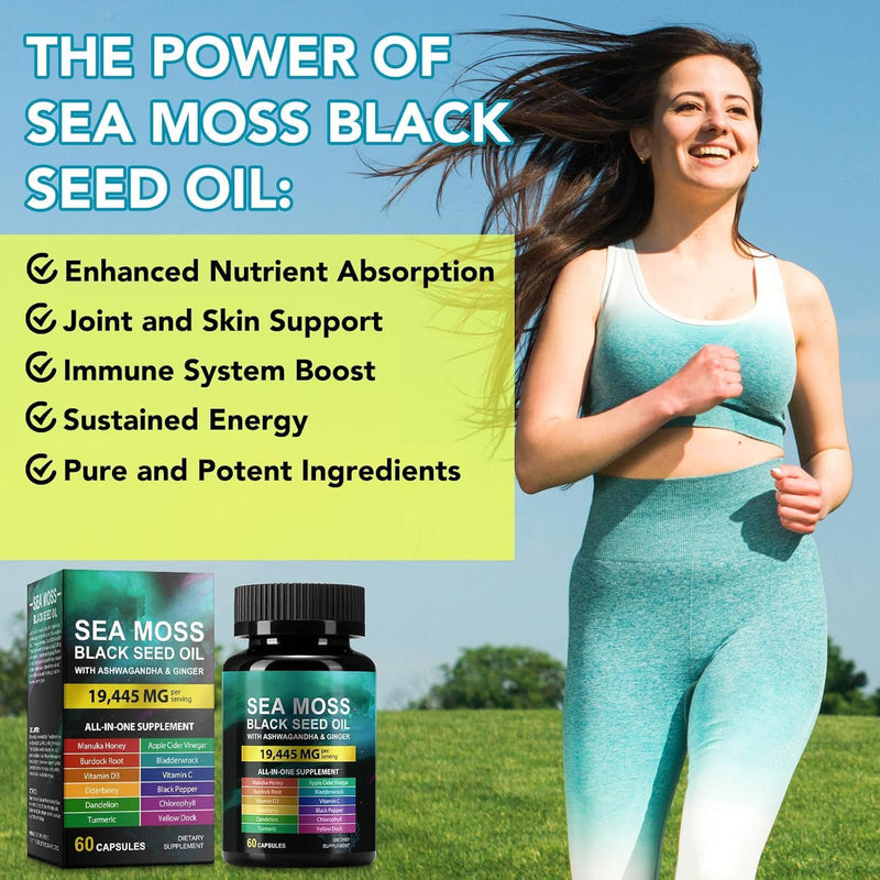 Sea Moss Black Seed Oil Ashwagandha Ginger, Sea Moss Capsule Supplement with Turmeric Bladderwrack Burdock & Vitamin C Vitamin D3, Enhanced Immunity & Energy, 60 Capsule 60 Count (Pack of 1)