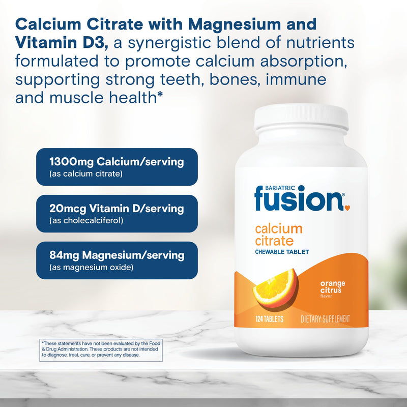 Bariatric Fusion Calcium Citrate Chewable Tablet | Orange Citrus Flavored | Chewable Calcium Citrate | Bone Health Support* | Gluten, Dairy and Soy Free | Non-GMO | 124 Count