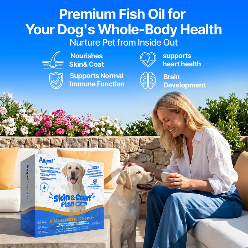Fish Oil for Dogs, Omega 3 Supplement with Hollow Freeze-Dried Pill Hider Treats, High EPA & DHA Skin and Coat Support for Dry Itchy Skin, Joints & Picky Eaters, Mess-Free Combo 112 Softgels + 118 Freeze-Dried Bites