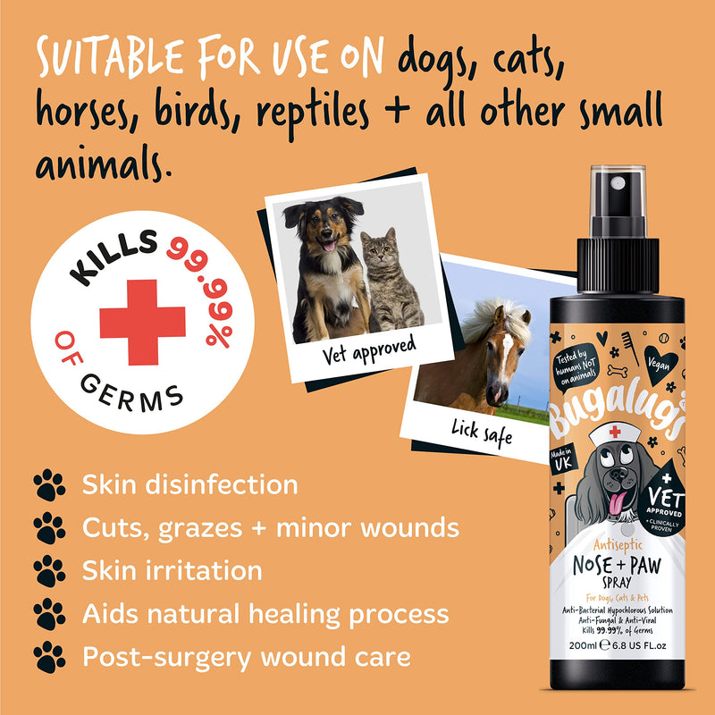 BUGALUGS Nose & Paw Dog Antiseptic spray 200ml – Antibacterial, Antifungal for Dogs, Cats & Pets -for Dry Paws, Cracked Skin use alongside our dog paw balm & dog nose balm (Antiseptic Spray 200ml)