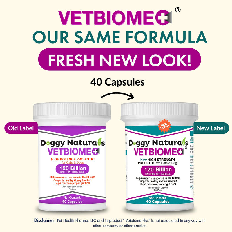 Vetbiome +® Plus High Strength Probiotics for Pets (40 Capsules) - 120 Billion CFU, 9 - Strain Formula – Third Party Tested - Made in U.S.A