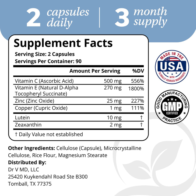AREDS 2 Eye Vitamins by Dr. Vogel, MD Eye Surgeon – Lutein & Zeaxanthin (3 Month Supply) – 25 mg Zinc, Natural Vitamin E – Eye Health & Vision Support