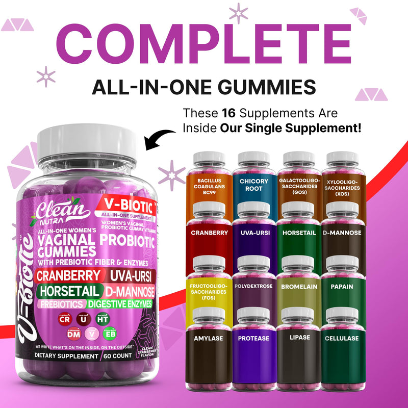 Clean Nutra Vbiotic Gummies, Cranberry, Horsetail, D-Mannose, UVA-Ursi, Probiotic Blend, Enzyme Blend, 60 Count (2) 2