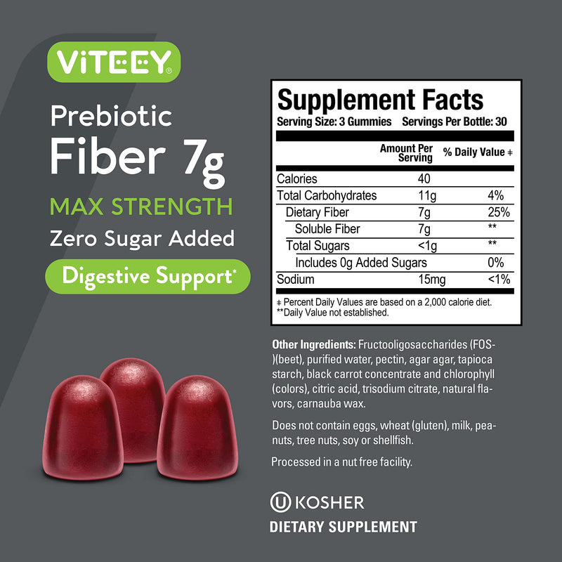 Viteey Prebiotic Fiber Gummies for Adults, 7g | Gut Health & Digestive Soluble Fiber Supplement Gummies - Zero Sugar Added, Vegan, Gluten-Free - 90 Count 90 Count (Pack of 1)