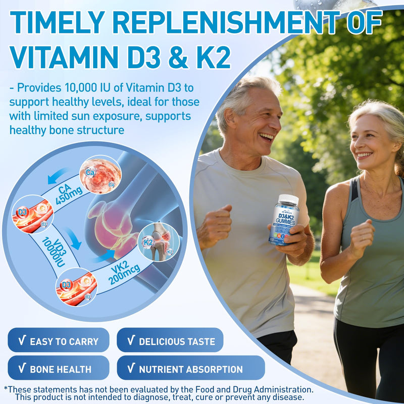 2-Pack Vitamin D3 K2 Gummies, D3 K2 Vitamin 10,000 IU & 200 MCG Supplement | Complex Calcium Citrate Zinc Vitamin C B6, Sugar-Free Vitamin D Supplement for Bones & Immune Support, 60 Blueberry Gummies 60 Count (Pack of 2)