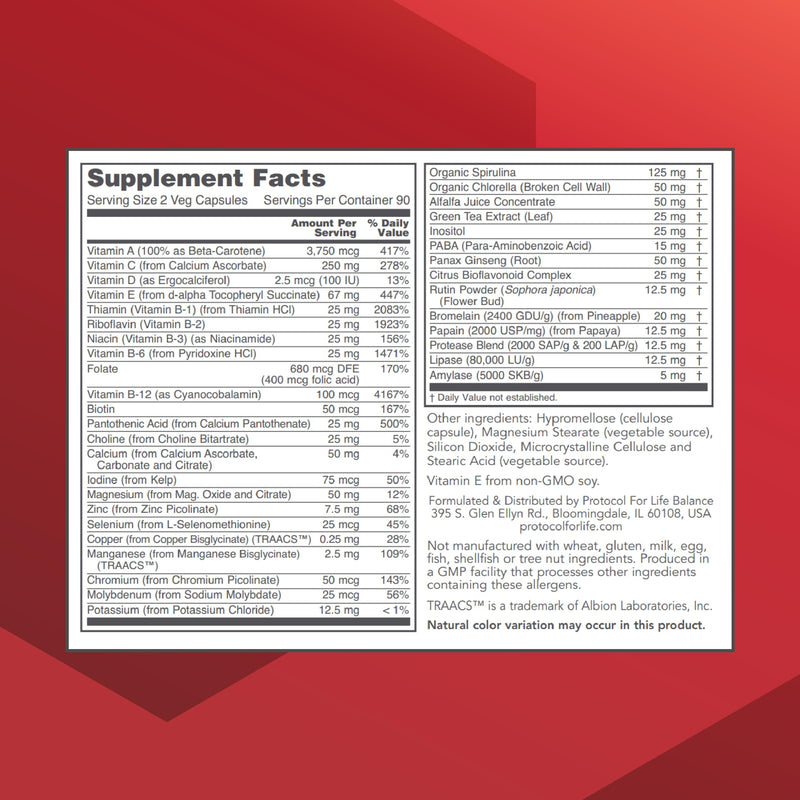 PROTOCOL FOR LIFE BALANCE Ortho Multi Greens, 180 Veg Capsules | Multivitamin with Green Superfoods*, With Vitamins C, B6, B12, Spirulina, Chlorella, and Alfalfa, Iron Free and Non-GMO
