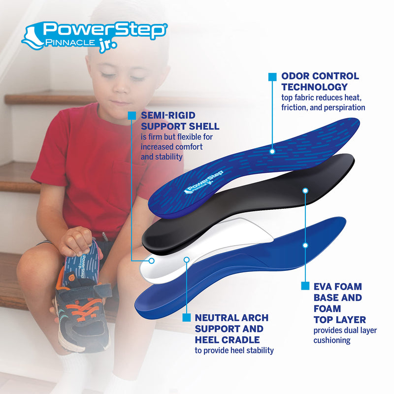 PowerStep Pinnacle Junior Insoles, Children’s Maximum Cushioning Shoe Insert, Relief for Ankle, Knee & Foot Pain, Arch Support for Girls and Boys, Kids Unisex, Made in the USA (Youth 4) Blue/White Youth 4