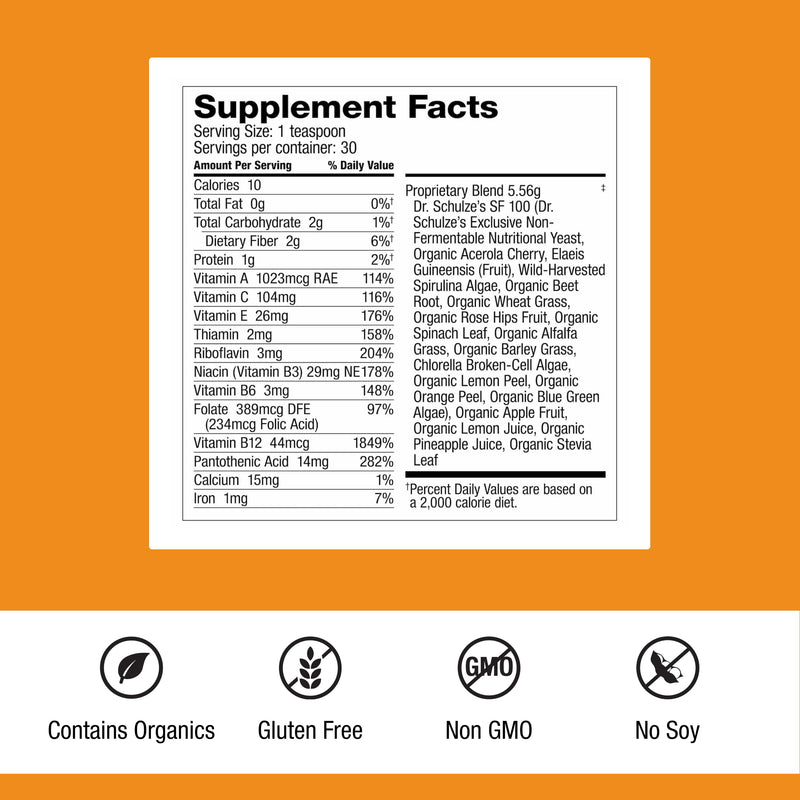 Dr. Schulze's Superfood 100 - Everyday Superfood Supplement to Support Overall Wellness - Multivitamin for Nutrition & Energy - Gluten & Dairy-Free - Citrus Pineapple Flavor Powder - 30 Servings 1 Count (Pack of 1)