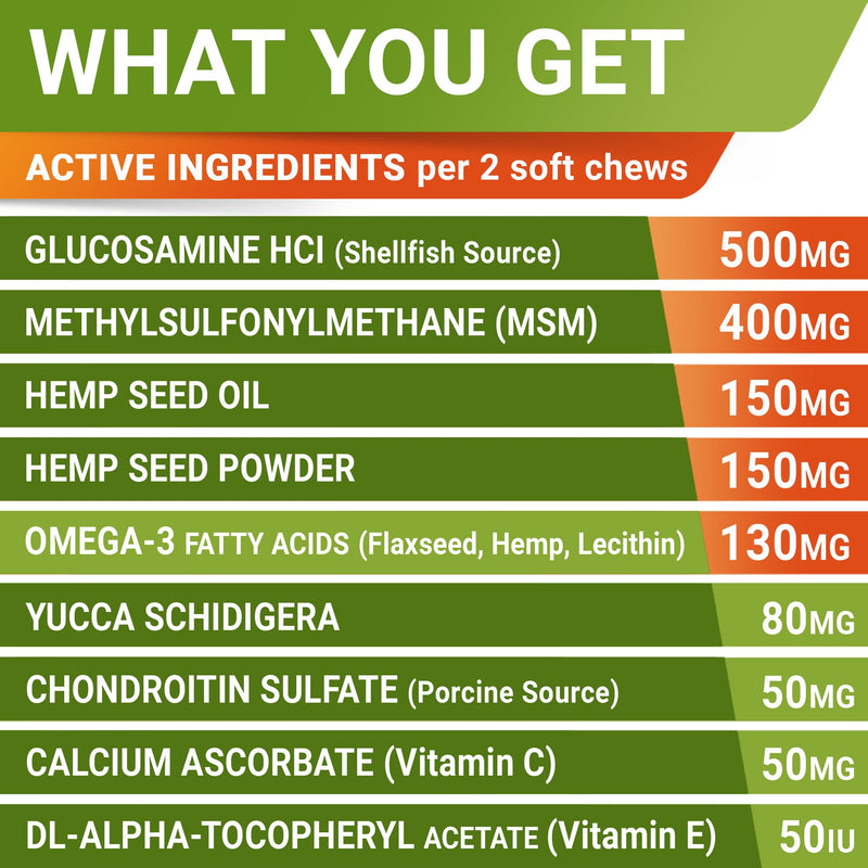 Advanced Hemp + Glucosamine Dog Joint Supplement - Hip Joint Pain Relief - Mobility Chews for Dogs - Chondroitin, MSM, Omega - Made in USA - Lamb Flavor - 120 Hemp Treats 120Ct (Lamb) (HIP&JOINT) Hemp Chews