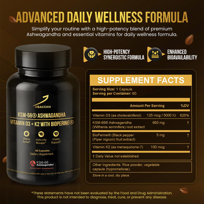 KSM-66® Ashwagandha Supplement 600 mg with Vitamin D3 5000 IU & K2 MK-7, BioPerine for Absorption, 4-in-1 - Stress Support, Mood & Immune Health - 60 Veg Capsules