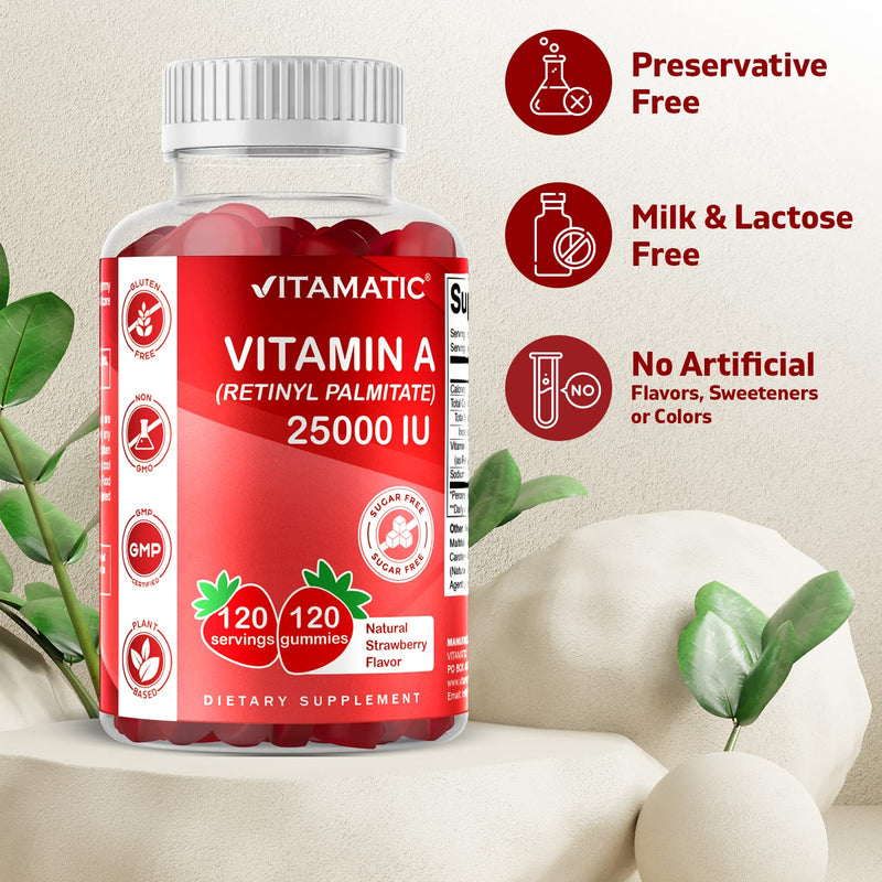 Vitamatic Sugar Free Vitamin A 25000 IU Gummies (Retinyl Palmitate) - Natural Strawberry Flavor - 120 Pectin Based Gummies (1 Bottle) 1 Bottle - BeesActive Australia
