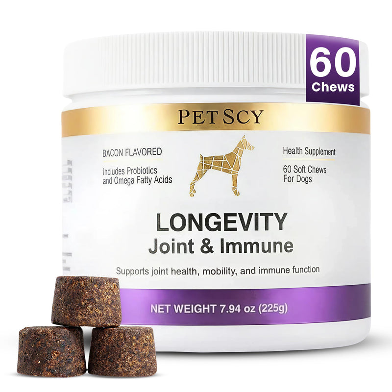 Petscy Longevity Hip & Joint + Immune Support Chews for Dogs - 3.75g Chew - High Dose Glucosamine, MSM, Chondroitin, Green Lipped Mussel, Omega 3, Probiotics - 60 Chews (Small & Medium Dogs) Small / Medium Dogs (0–64 lbs)