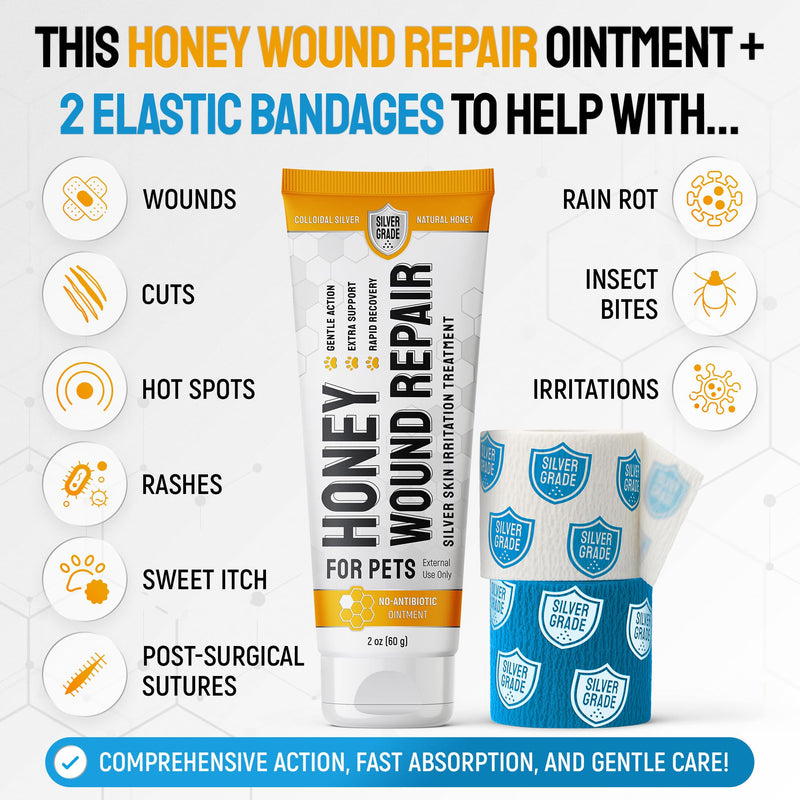 Hot Spot Treatment For Dogs & Cats to Help with Scratches, Cuts, Bites – Set of Honey Wound Repair Ointment in Gel Form + 2 Bandages – Horse & Dog Wound Care with Silver & Honey – All Pets Care – 2 Oz Honey gel - 2 Fl Oz