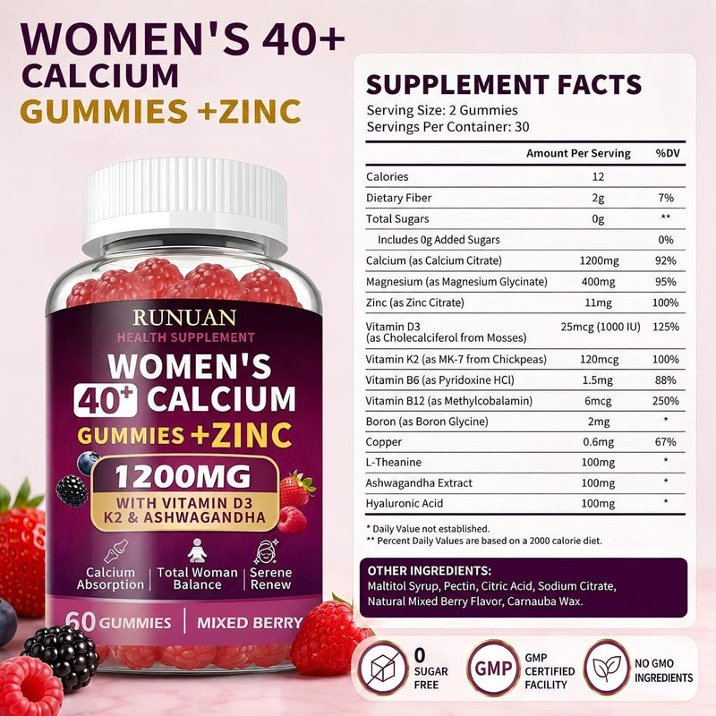 3PACK 1200mg Calcium Gummies for Women 40+ with Magnesium Zinc D3 K2 B12 B6 | Calcium Citrate Chews Gummy with High Absorption For Bone, Teeth, Muscle, Energy Immune Support, Vegan, Sugar Free, 180 Count 60 Count (Pack of 3)