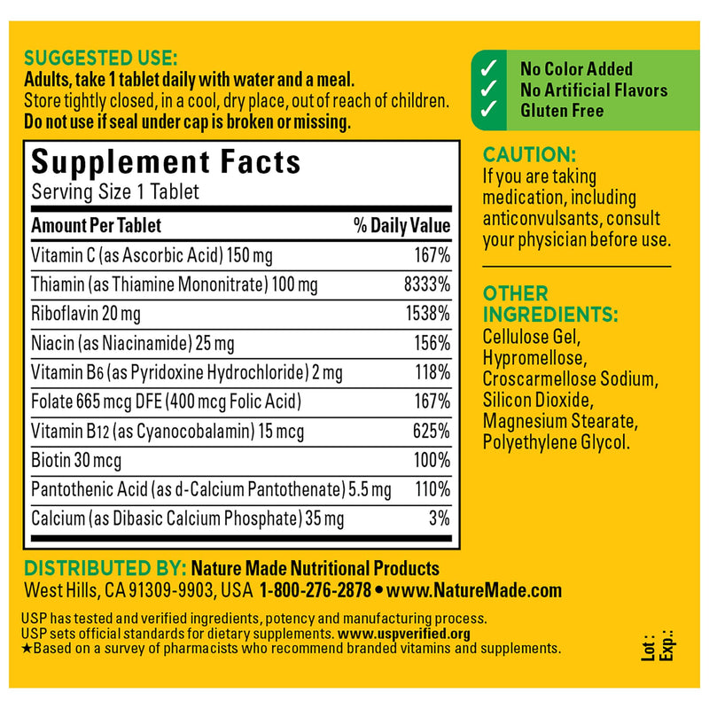 Nature Made Super B Complex with Vitamin C and Folic Acid, Dietary Supplement for Immune Support, 250 Tablets, 250 Day Supply 250 Count (Pack of 1)
