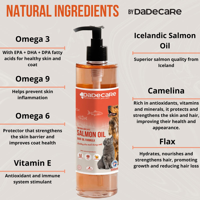 Salmon Oil for Dogs and Cats 500ml - Omega 3-6-9, Vitamin E, Camelina and Linseed - Strengthens Coat, Joints and Immune System - Natural Ingredients for Barf Diets