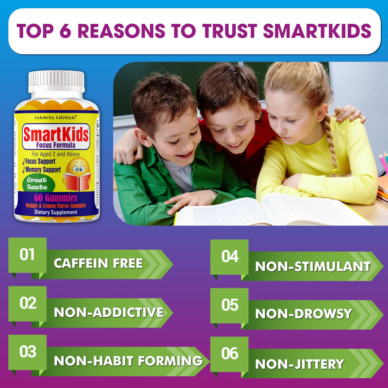 Smart Kids Focus Gummies with Omega 3 6 9 DHA, Brain Support Teen Vitamin, Kids Focus and Attention Supplements, Vegetarian Memory Supplement for Brain, Orange Flavor 60 Gummies
