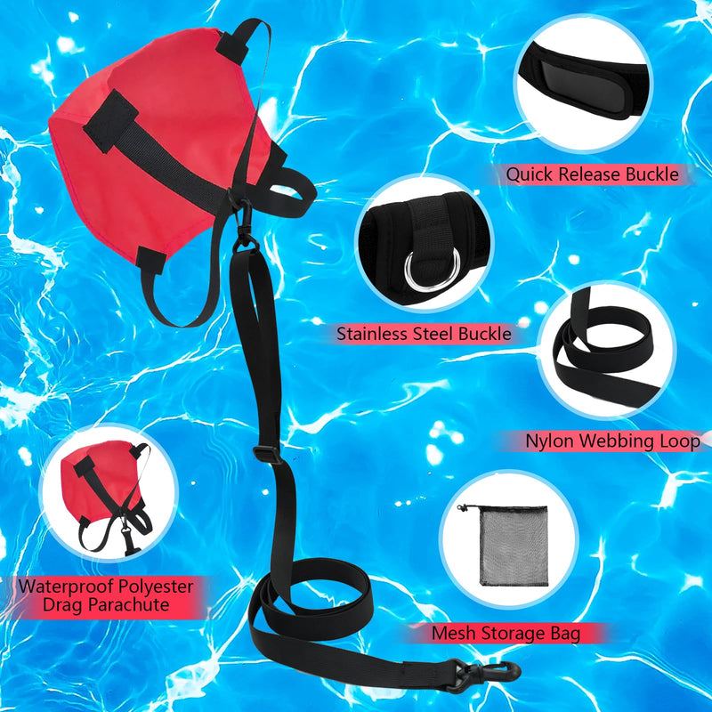 UCEDER Swim Parachute Resistance Training Set, Adjustable Swim Belt with Drag Parachute for Strength & Endurance,Swimming Resistance Training Equipment Red - BeesActive Australia