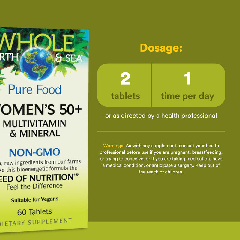 Natural Factors Whole Earth & Sea Women's 50+ Multivitamin & Mineral - Daily Multivitamin with Calcium, Selenium & More - Supports Bone & Brain Health - 60 Tablets (30 Servings) 60 Count (Pack of 1)