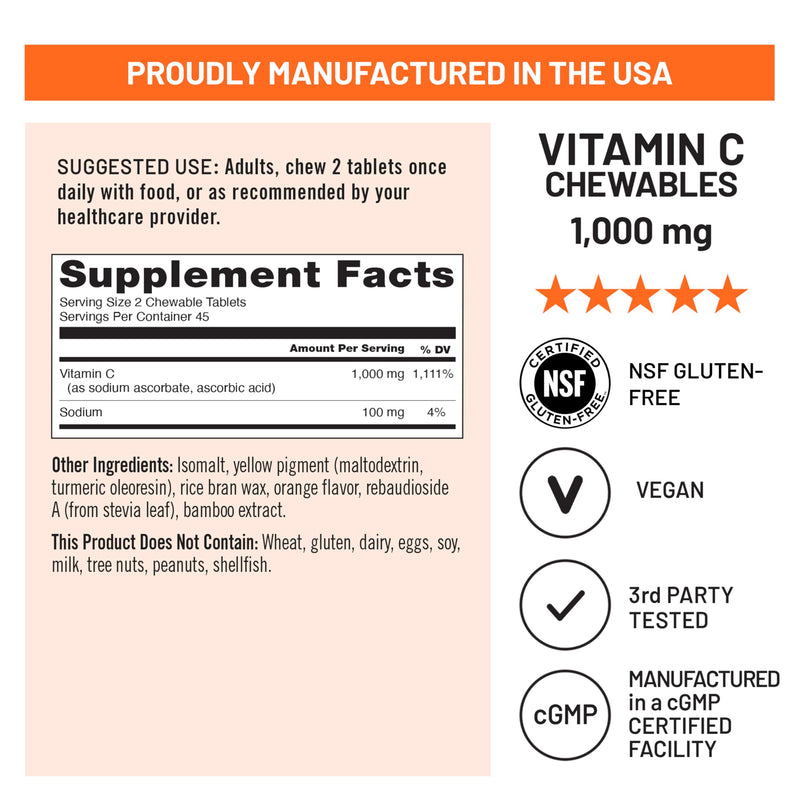 NatureWise Extra Strength Vitamin C Chewable 1000mg for Adults - Natural Orange Flavor - Immune System & Antioxidant Support - Non-GMO, Vegan & Sugar Free - 90 Chewable Tablets[45-Day Supply] 90 Count (Pack of 1)