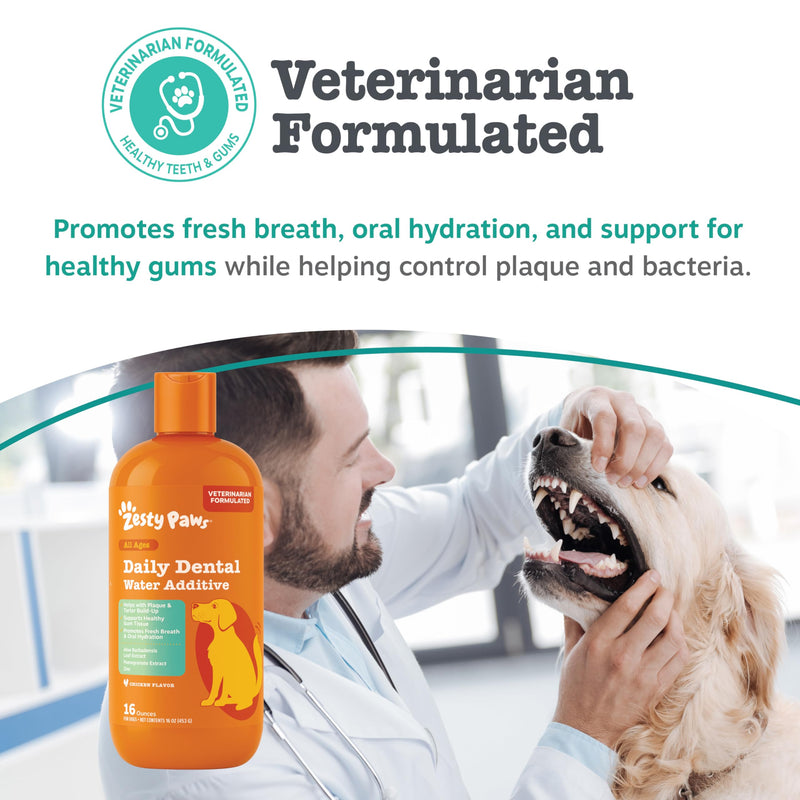 Zesty Paws Dog Dental Water Additive - Dog Breath Freshener + Oral Care - Plaque & Tartar Control - for Teeth & Gum Health - Pomegranate, Green Tea, Aloe & Zinc Extract 16oz
