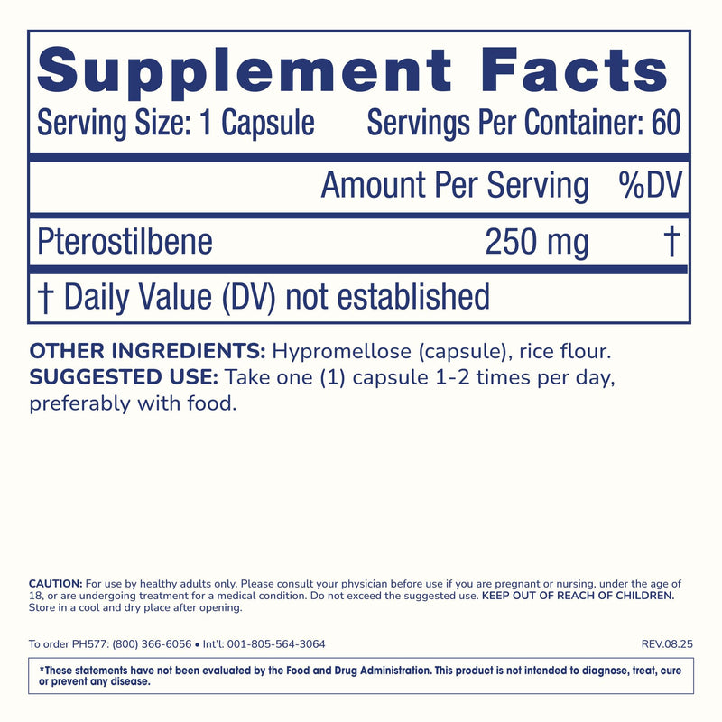 Pterostilbene Supplement (250mg, 60 Capsules) | Clinically Proven, Third-Party Tested Antioxidant for Heart & Brain Health | Activates Longevity Genes (3 Pack) 60 Count (Pack of 3)