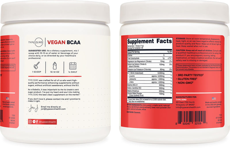 Type Zero Ultra Clean Vegan BCAA Powder + Electrolytes Tropical Fruit Punch | 6g Per Serving, 2:1:1 Sugar-Free, No Sucralose, BCAAs Amino Acids Supplement, After Workout Drink, 30 Servings