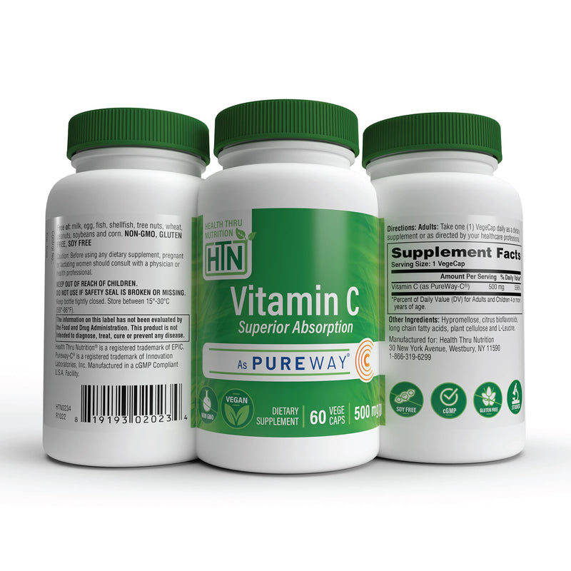 Health Thru Nutrition Vitamin-C 500mg PureWay-C 60 Count High Absorption | Superior Absorption Vitamin C Supplement | Healthy Immune Function and Collagen Support | 3rd Party Tested | Vegan, Non-GMO Unflavored 1 Count (Pack of 60)