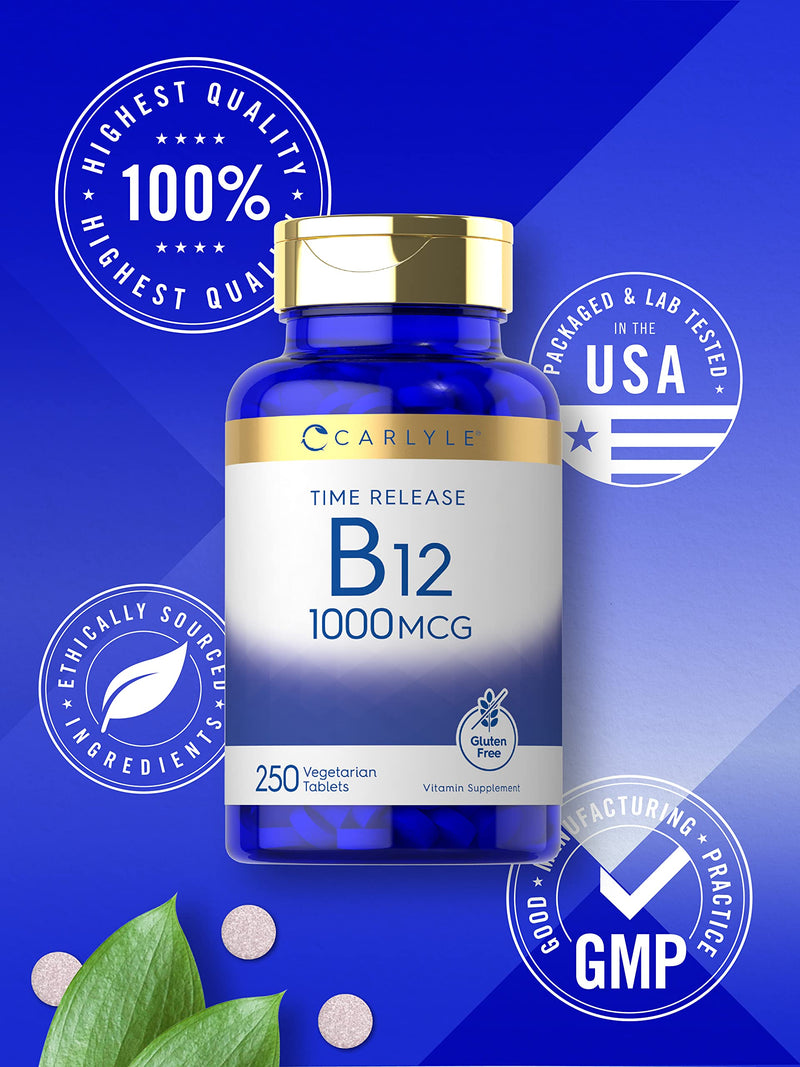 Carlyle B12 Vitamin 1000 mcg | 250 Count | Time Release Tablets | As Cyanocobalamin | Vegetarian, Non-GMO & Gluten Free Supplement 250 Count (Pack of 1)